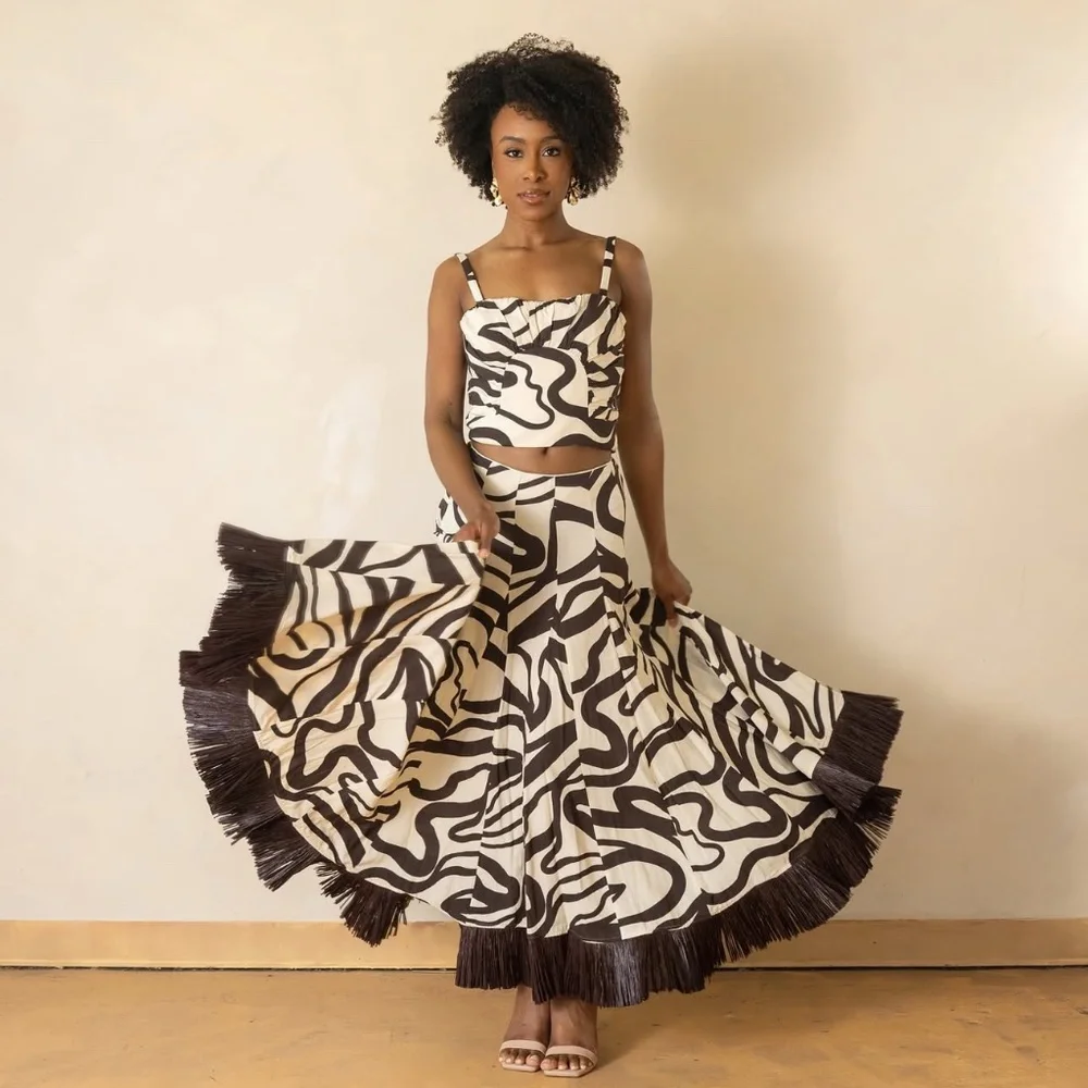 NWT ANTONIO MELANI Style Somers Swirl Print Linen Blend Straw Trim Two Piece Set